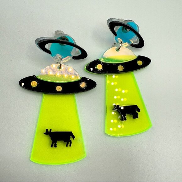 Alien Cow Spaceship Earrings - Neon Green and Black - Acrylic Earrings Pierced - Picture 1 of 7